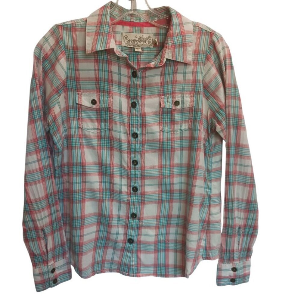 Aventura Womens Pink & Blue Plaid Button  Shirt Organic Cotton Multicolor Small